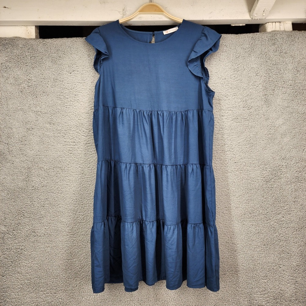 KIRUNDO Women Blue‎ Tiered Flutter Sleeve Babydoll Mini Dress Medium
